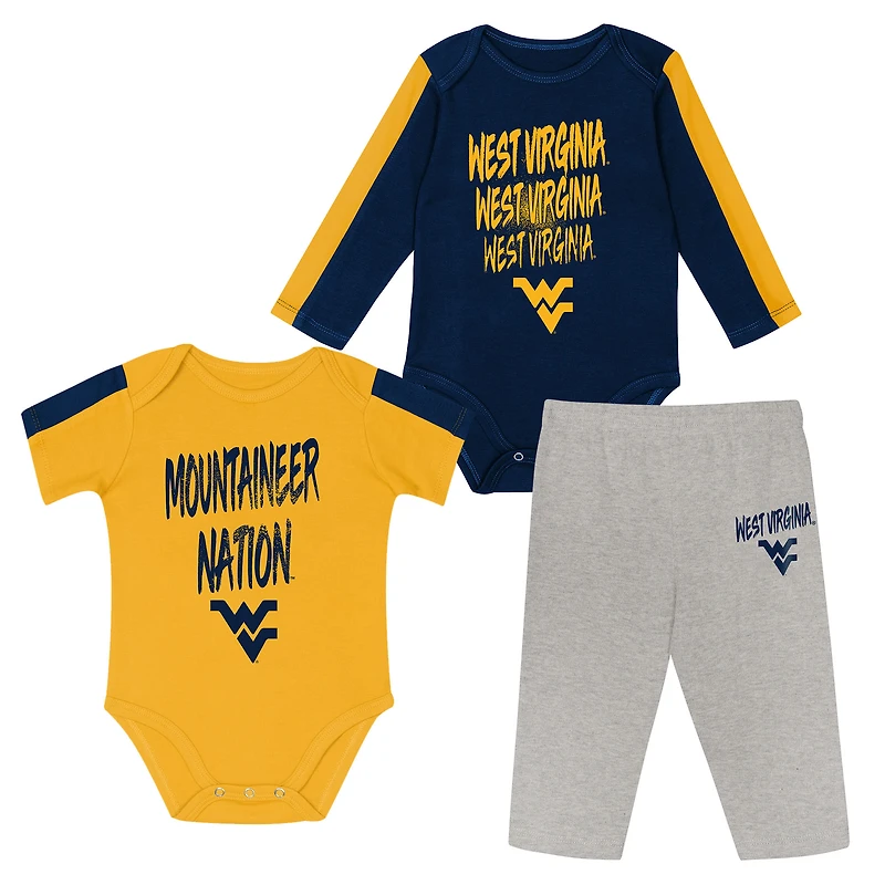 Infant Outerstuff Navy/Gold West Virginia Mountaineers Double Down Bodysuit and Pants 3-Piece Set