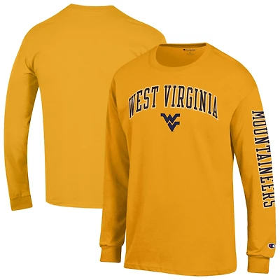T-shirt à manches longues Champion Navy West Virginia Mountaineers pour homme avec logo Arch Over et 2 coups