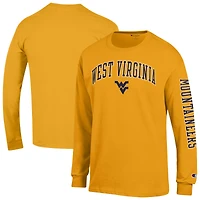T-shirt à manches longues Champion Navy West Virginia Mountaineers pour homme avec logo Arch Over et 2 coups