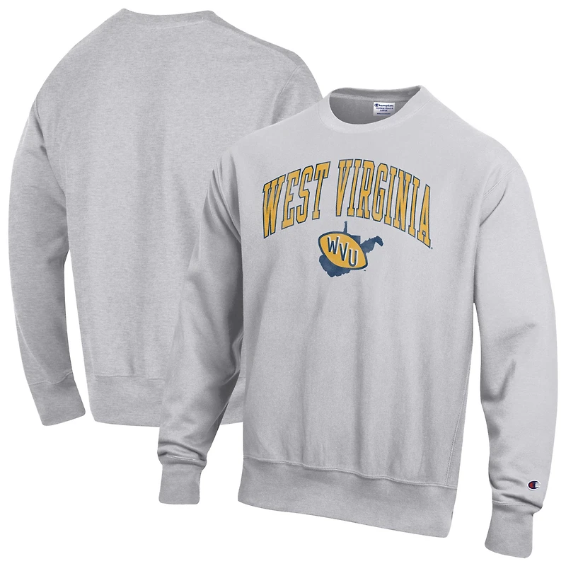 Men's Champion Gray West Virginia Mountaineers Distressed Arch Over Logo Reverse Weave Crew Neck Sweatshirt