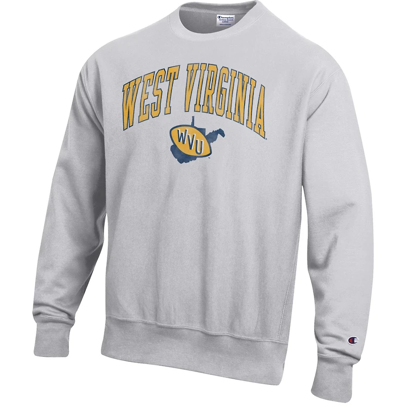 Men's Champion Gray West Virginia Mountaineers Distressed Arch Over Logo Reverse Weave Crew Neck Sweatshirt