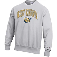Men's Champion Gray West Virginia Mountaineers Distressed Arch Over Logo Reverse Weave Crew Neck Sweatshirt