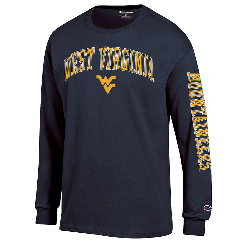 Men's Champion Navy West Virginia Mountaineers Arch Over Logo 2-Hit Long Sleeve T-Shirt