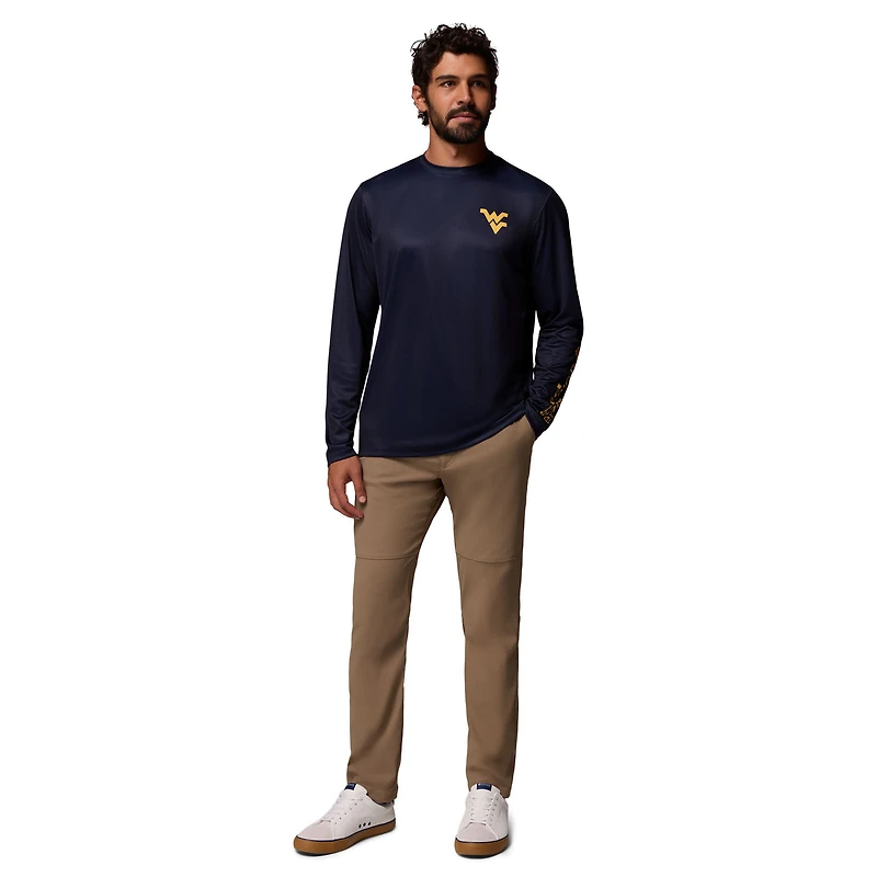 T-shirt à manches longues Columbia bleu marine West Virginia Mountaineers PHG Terminal Shot Omni Shade 3-Hit pour homme