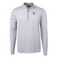 Pull-over Cutter & Buck bleu marine pour homme, logo des anciens élèves West Virginia Mountaineers, en piqué écologique DryTec Virtue à micro-rayures recyclées, fermeture éclair 1/4.