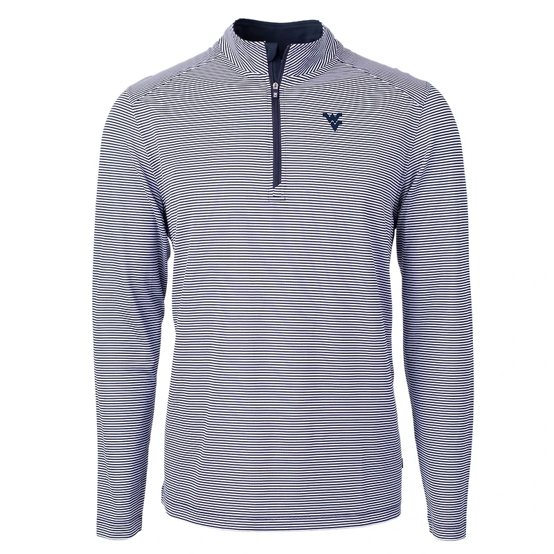 Men's Cutter & Buck  Navy/White West Virginia Mountaineers Big Tall Virtue Eco Pique Micro Stripe Recycled Quarter-Zip Pullover Top