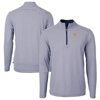 Pull-over Cutter & Buck bleu marine pour homme, logo des anciens élèves West Virginia Mountaineers, en piqué écologique DryTec Virtue à micro-rayures recyclées, fermeture éclair 1/4.