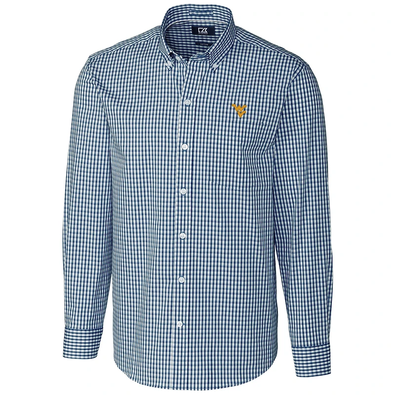 Men's Cutter & Buck Navy West Virginia Mountaineers Big Tall Stretch Gingham Long Sleeve Button Down Shirt