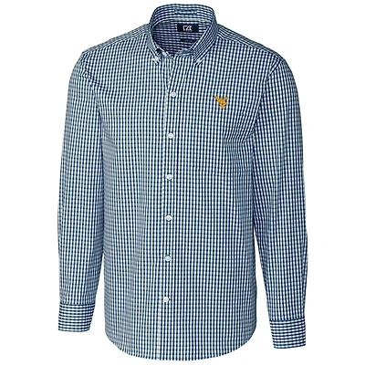 Men's Cutter & Buck Navy West Virginia Mountaineers Big Tall Stretch Gingham Long Sleeve Button Down Shirt