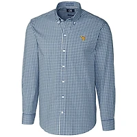 Men's Cutter & Buck Navy West Virginia Mountaineers Big Tall Stretch Gingham Long Sleeve Button Down Shirt