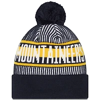 Men's New Era  Navy West Virginia Mountaineers Logo Striped Cuff Knit Hat with Pom