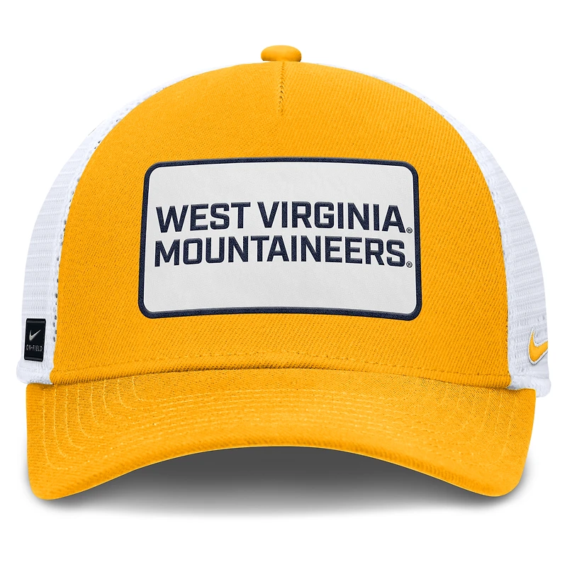 Men's Nike Gold/White West Virginia Mountaineers 2025 On-Field Rise Patch Trucker Adjustable Hat