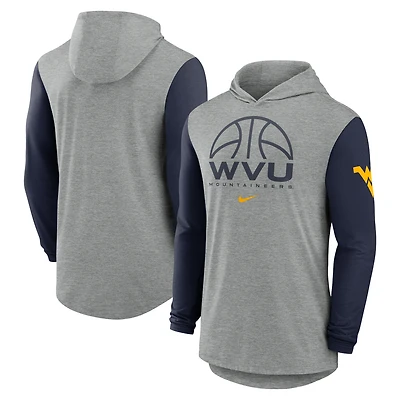 Men's Nike Gray/Navy West Virginia Mountaineers Basketball Color-Block Tri-Blend Dri-FIT Long Sleeve Hoodie T-Shirt