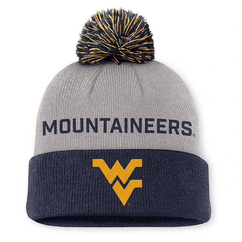 Bonnet à revers et pompon Nike Primetime Peak pour homme, gris/bleu marine, des West Virginia Mountaineers