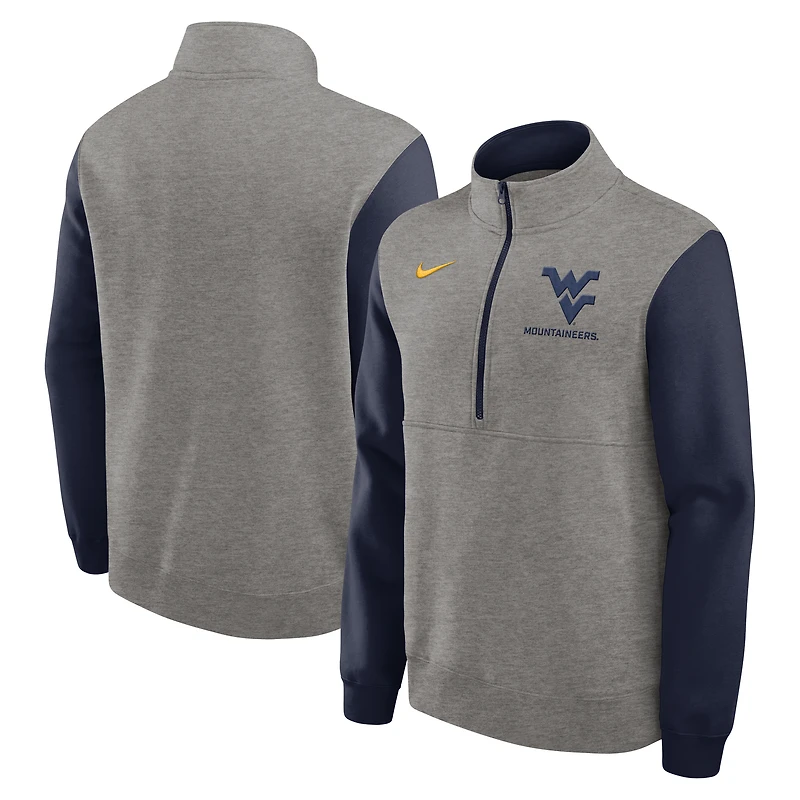 Men's Nike Heather Gray/Navy West Virginia Mountaineers Club Fleece Tri-Blend Half-Zip Pullover