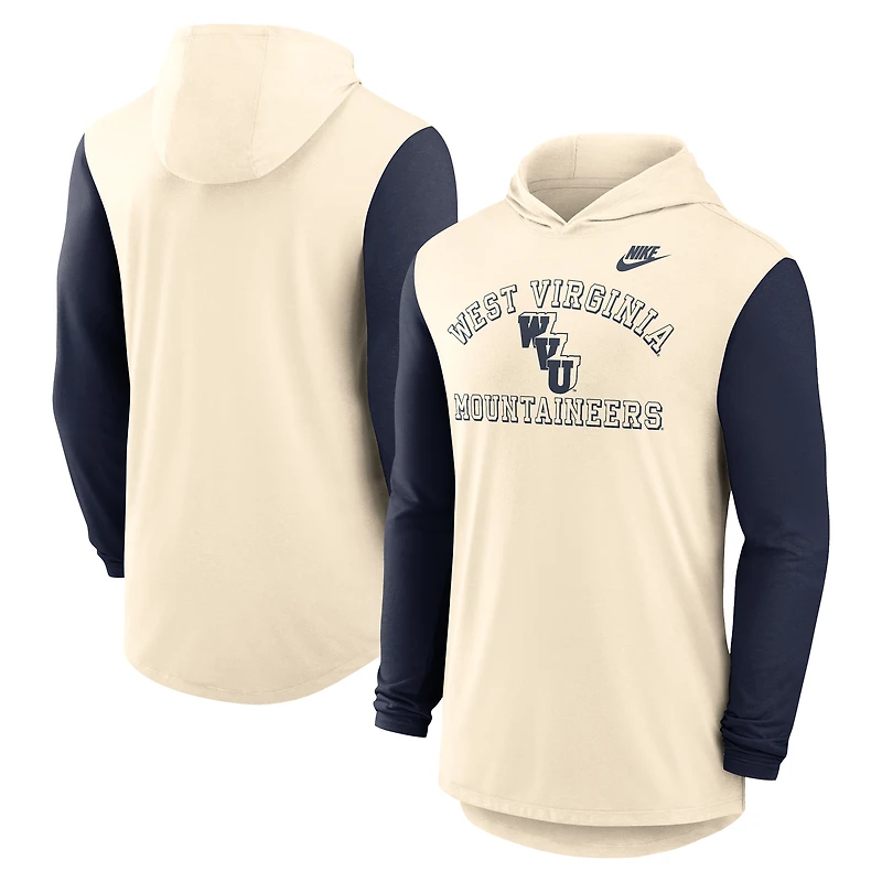 Men's Nike Natural/Navy West Virginia Mountaineers Legacy Color-Block Tri-Blend Long Sleeve Hoodie T-Shirt