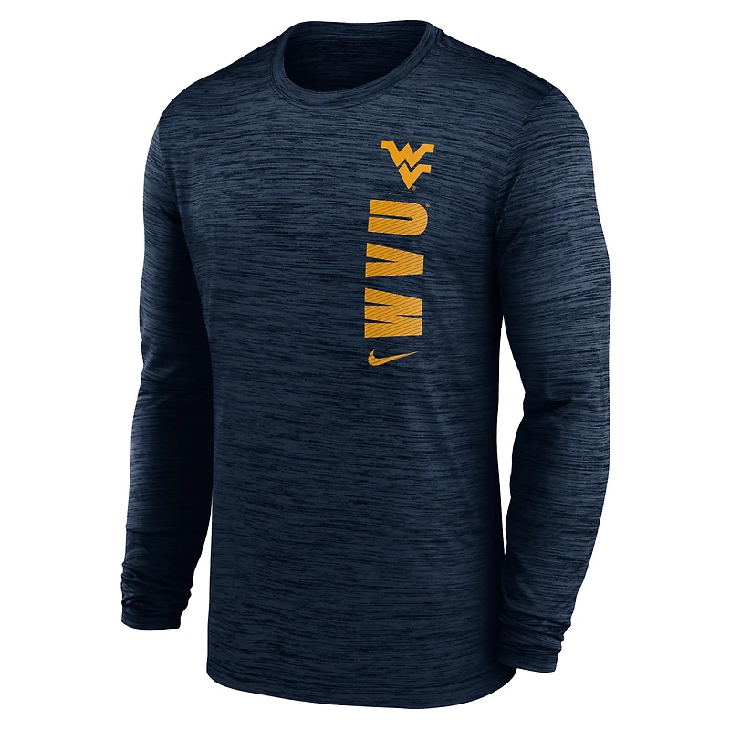 T-shirt Nike bleu marine West Virginia Mountaineers 2024 Sideline Velocity Dri-FIT à manches longues pour homme
