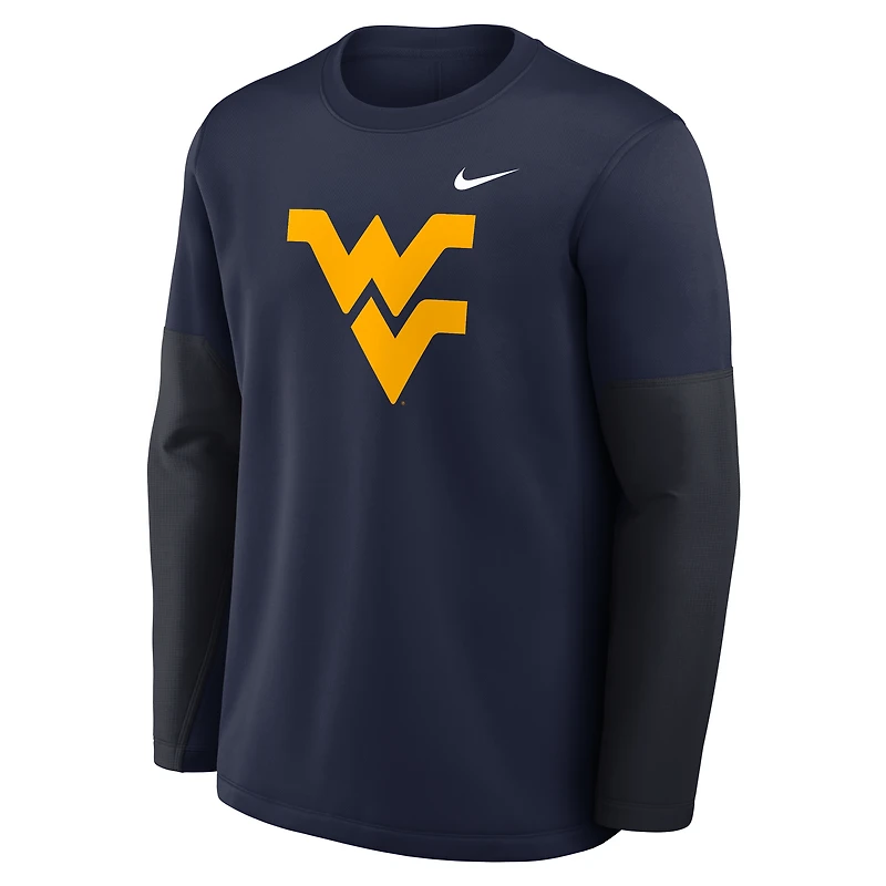 T-shirt Nike bleu marine West Virginia Mountaineers 2025 Sideline Coach Therma-FIT à manches longues pour homme