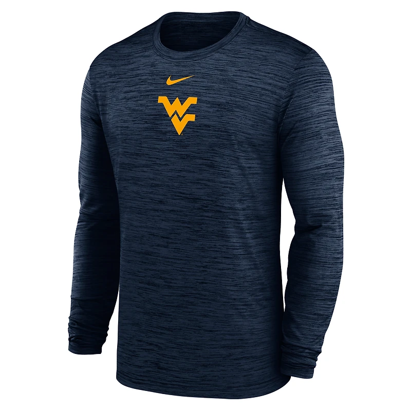 T-shirt Nike bleu marine West Virginia Mountaineers 2025 Sideline Velocity Dri-FIT à manches longues pour homme