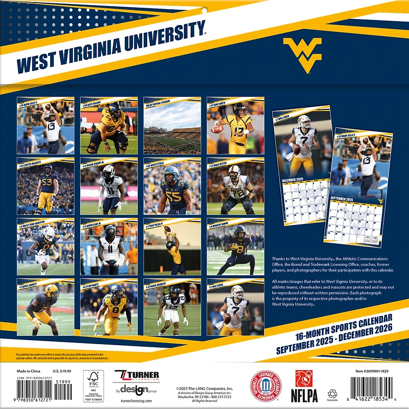 West Virginia Mountaineers 12” x 12” 2026 Team Wall Calendar