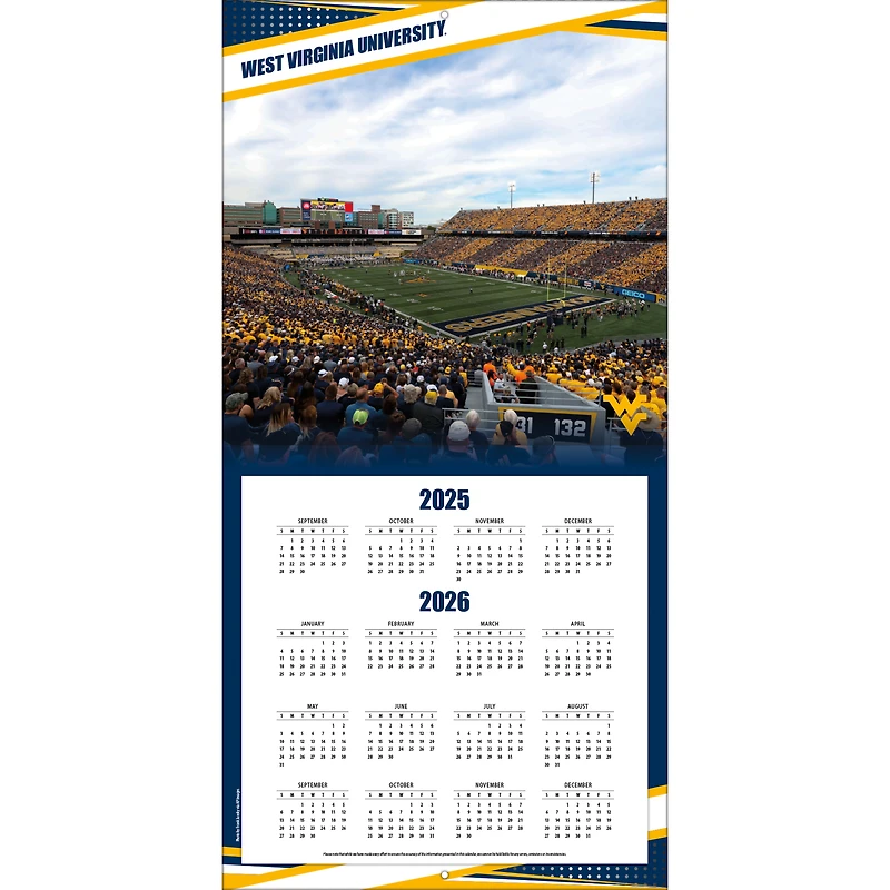 Calendrier mural 2026 des West Virginia Mountaineers (12 x 12 pouces)