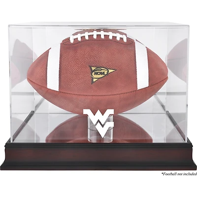 Vitrine de présentation du logo de football des West Virginia Mountaineers avec base en acajou et dos en miroir