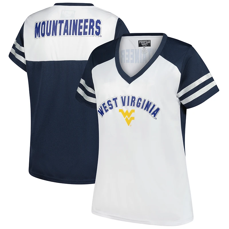 T-shirt col V à rayures et manches pailletées strass pour femme, blanc, style fanatique des West Virginia Mountaineers, grande taille