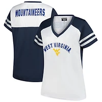 T-shirt col V à rayures et manches pailletées strass pour femme, blanc, style fanatique des West Virginia Mountaineers, grande taille