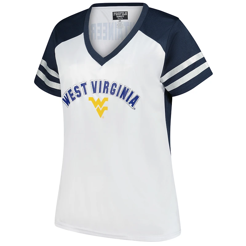 T-shirt col V à rayures et manches pailletées strass pour femme, blanc, style fanatique des West Virginia Mountaineers, grande taille
