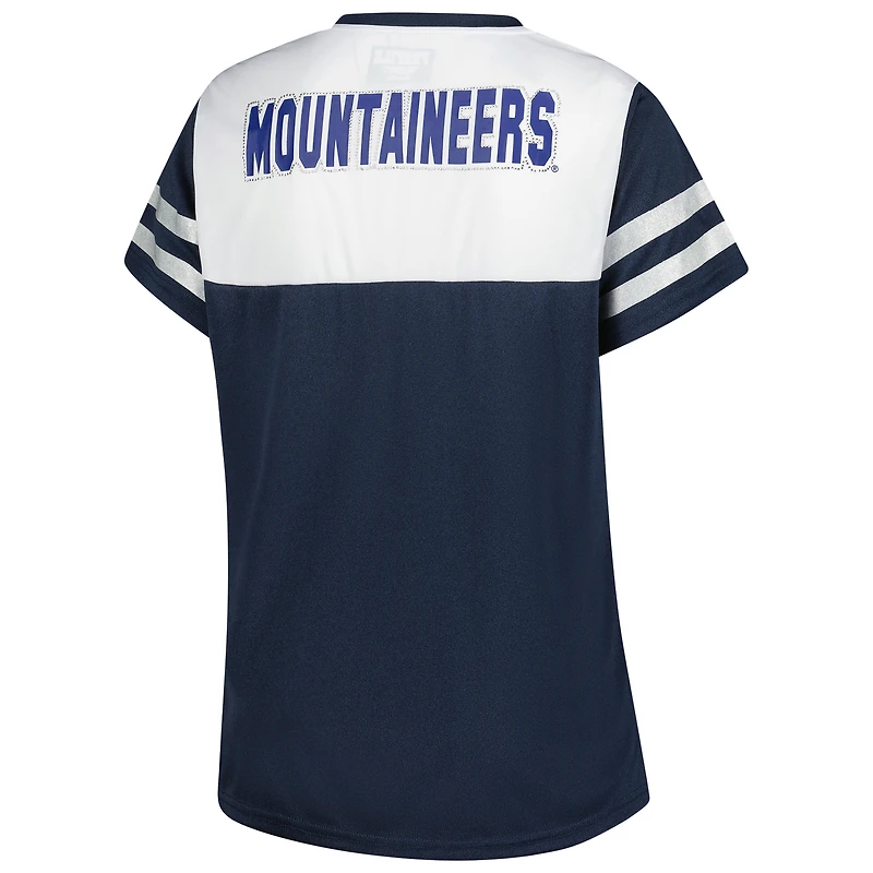 T-shirt col V à rayures et manches pailletées strass pour femme, blanc, style fanatique des West Virginia Mountaineers, grande taille
