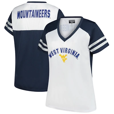 T-shirt col V à rayures et manches pailletées strass pour femme, blanc, style fanatique des West Virginia Mountaineers, grande taille