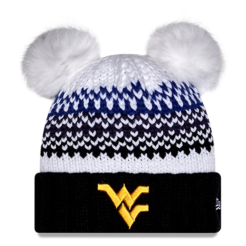 Bonnet en tricot à revers imprimé et double pompon bleu marine des West Virginia Mountaineers de New Era pour femme