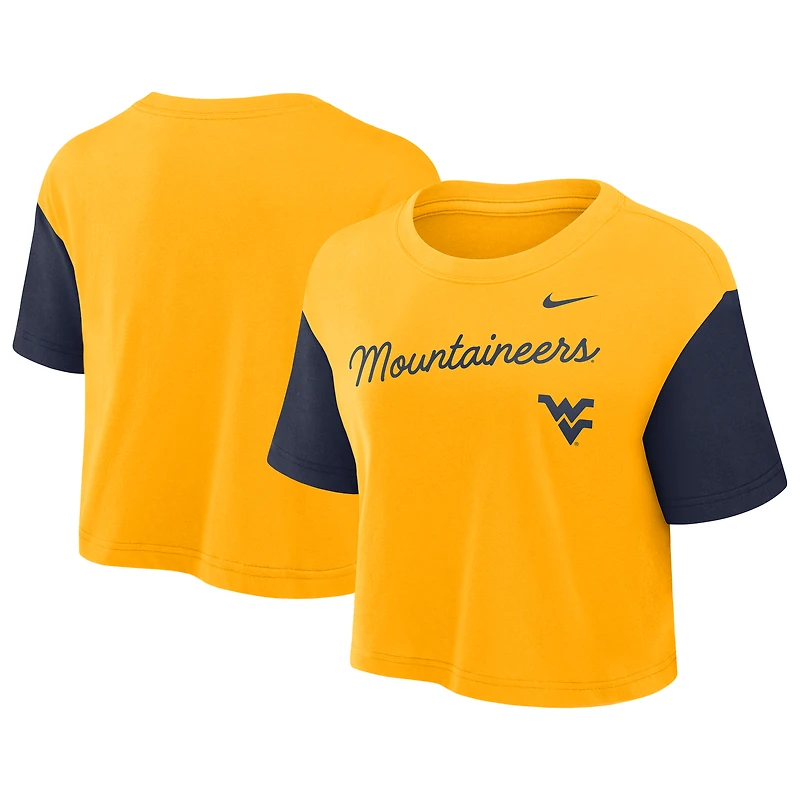 Women's Nike Gold/Navy West Virginia Mountaineers Color-Block Script Dri-FIT Cropped T-Shirt