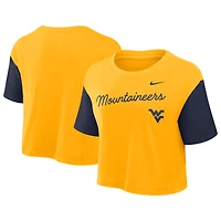 Women's Nike Gold/Navy West Virginia Mountaineers Color-Block Script Dri-FIT Cropped T-Shirt