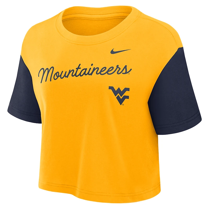 Women's Nike Gold/Navy West Virginia Mountaineers Color-Block Script Dri-FIT Cropped T-Shirt