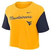 Women's Nike Gold/Navy West Virginia Mountaineers Color-Block Script Dri-FIT Cropped T-Shirt