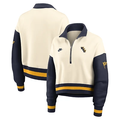 Pull court à col zippé Nike pour femme, coloris naturel/marine, West Virginia Mountaineers, modèle Legacy oversize.