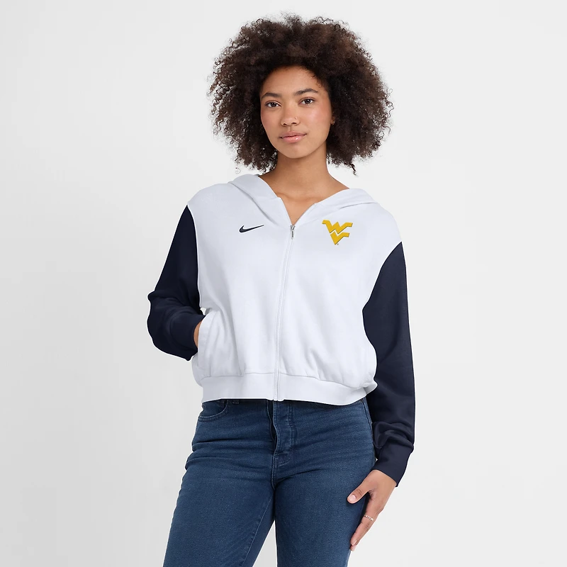 Women's Nike White West Virginia Mountaineers Cropped Beyond Capability Color-Block Script Full-Zip Hoodie