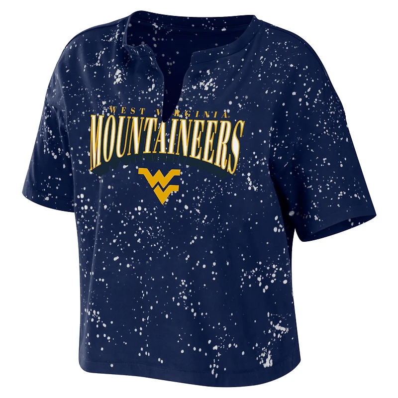 Women's WEAR by Erin Andrews Navy West Virginia Mountaineers Bleach Wash Splatter Cropped Notch Neck T-Shirt