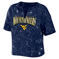 Women's WEAR by Erin Andrews Navy West Virginia Mountaineers Bleach Wash Splatter Cropped Notch Neck T-Shirt