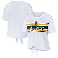 Women's WEAR by Erin Andrews White West Virginia Mountaineers T-shirt court à rayures et nœud sur le devant