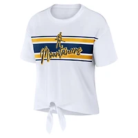 Women's WEAR by Erin Andrews White West Virginia Mountaineers Striped Front Knot Cropped T-Shirt