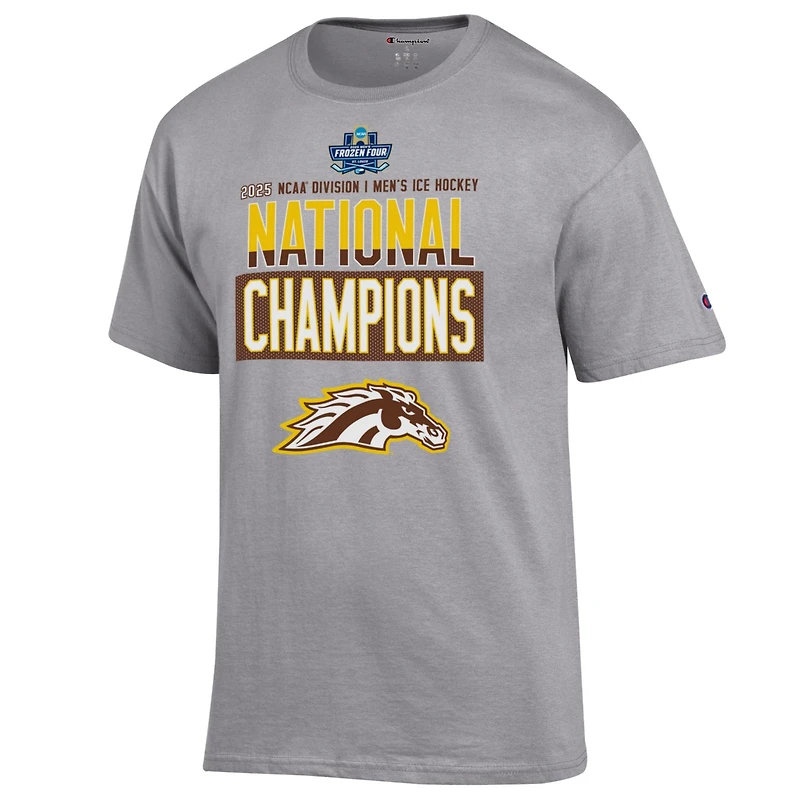 T-shirt unisexe gris Champion Western Michigan Broncos 2025 NCAA Frozen Four pour hommes, champions nationaux de hockey sur glace, vestiaire
