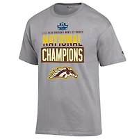 T-shirt unisexe gris Champion Western Michigan Broncos 2025 NCAA Frozen Four pour hommes, champions nationaux de hockey sur glace, vestiaire
