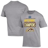T-shirt unisexe gris Champion Western Michigan Broncos 2025 NCAA Frozen Four pour hommes, champions nationaux de hockey sur glace, vestiaire