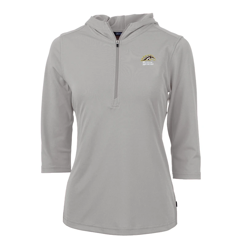 Sweat à capuche manches 3/4 et demi-zip en piqué écologique recyclé pour femme, gris, des Broncos de Western Michigan, Cutter & Buck