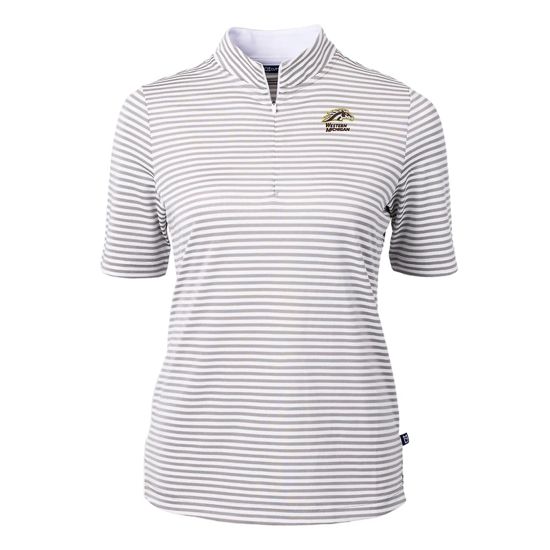 Haut zippé en mélange recyclé à rayures et piqué écologique pour femme, gris, des Broncos de Western Michigan, Cutter & Buck