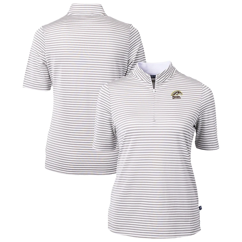 Haut zippé en mélange recyclé à rayures et piqué écologique pour femme, gris, des Broncos de Western Michigan, Cutter & Buck