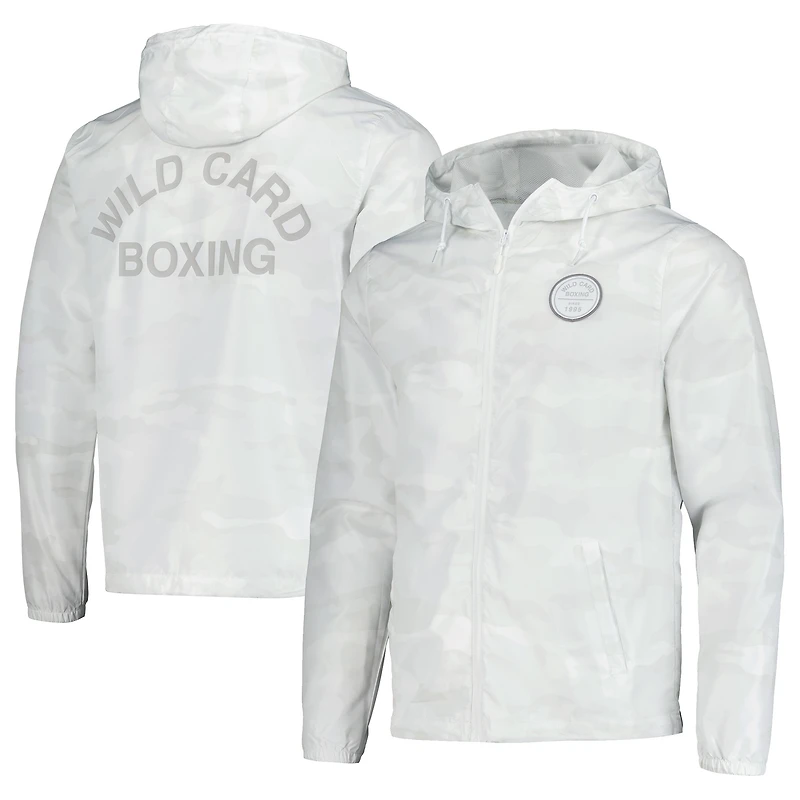 Coupe-vent zippé Wild Card Boxing blanc pour homme, logo old school.
