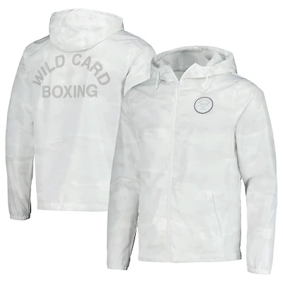 Coupe-vent zippé Wild Card Boxing blanc pour homme, logo old school.